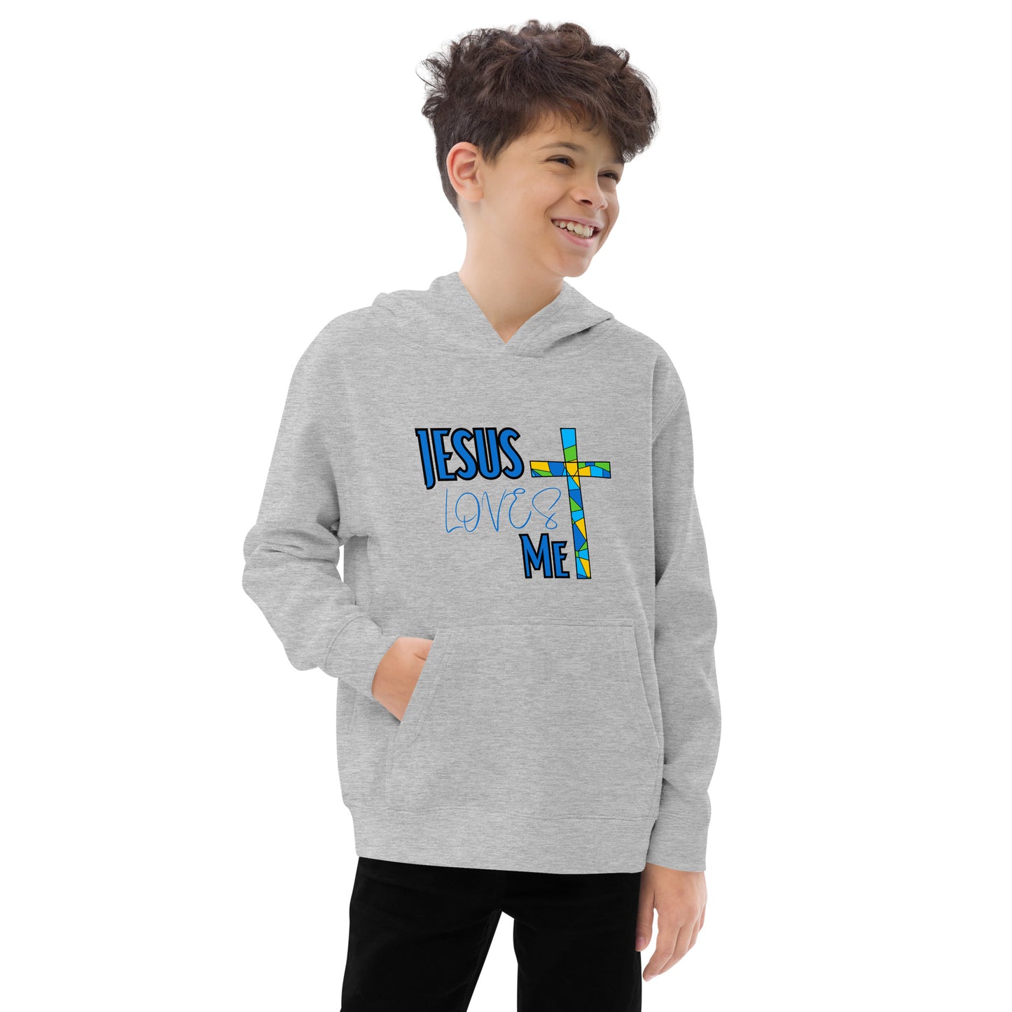 Kids Fleece Hoodie "Jesus Loves Me - Blue"