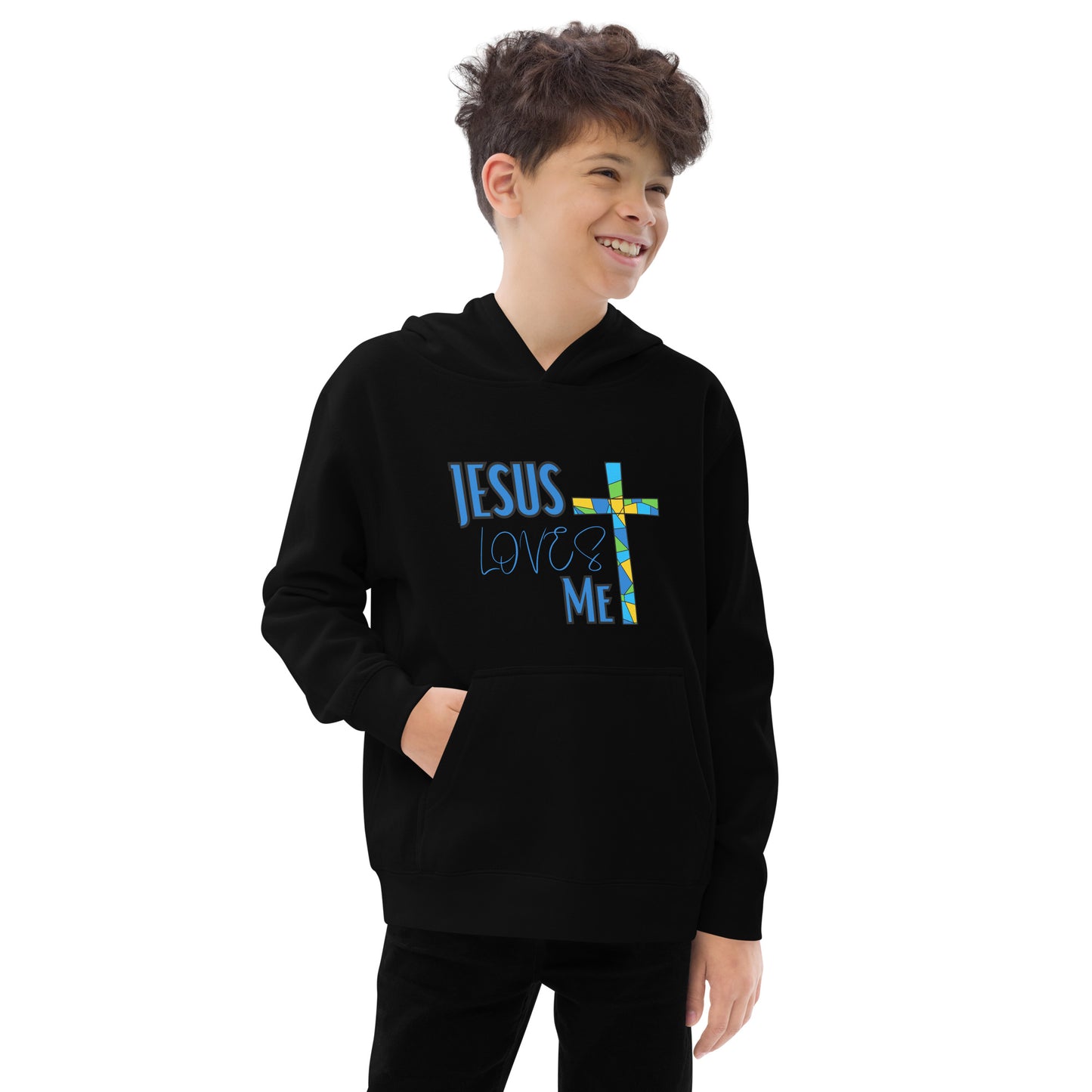 Kids Fleece Hoodie "Jesus Loves Me - Blue"