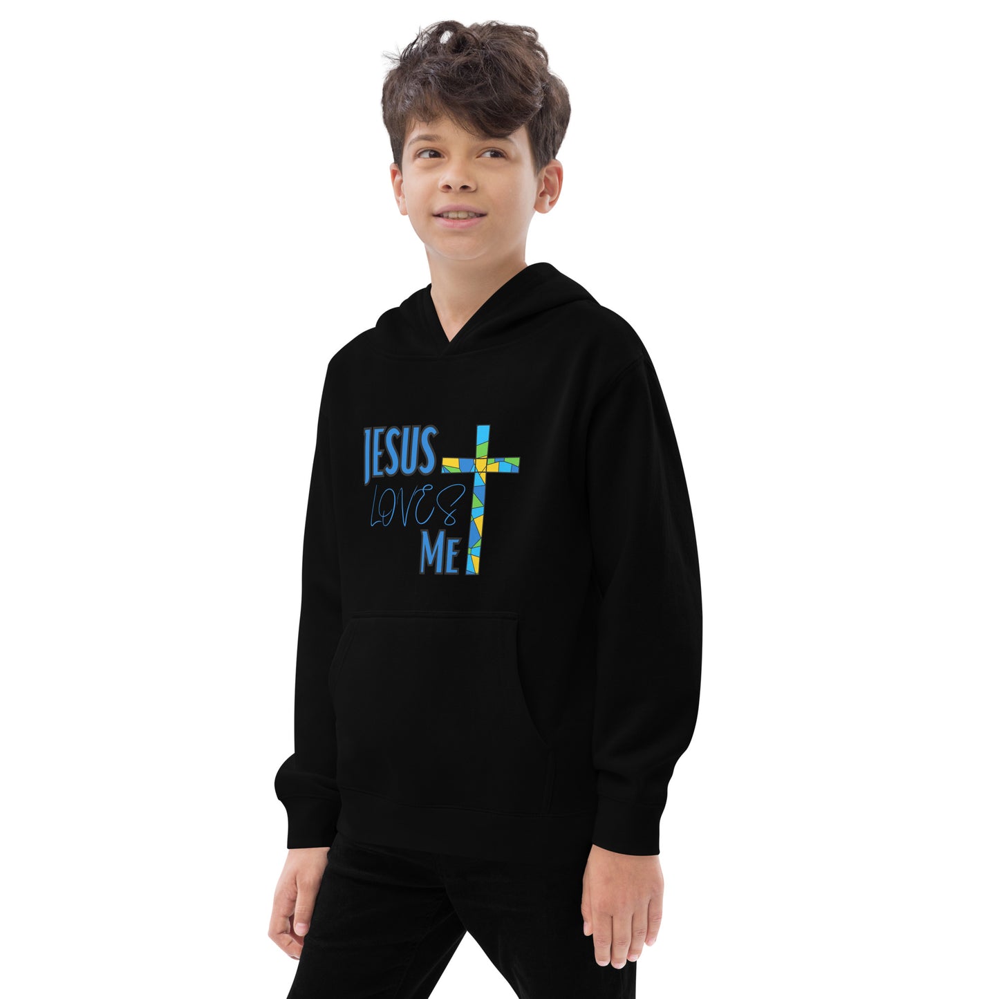 Kids Fleece Hoodie "Jesus Loves Me - Blue"