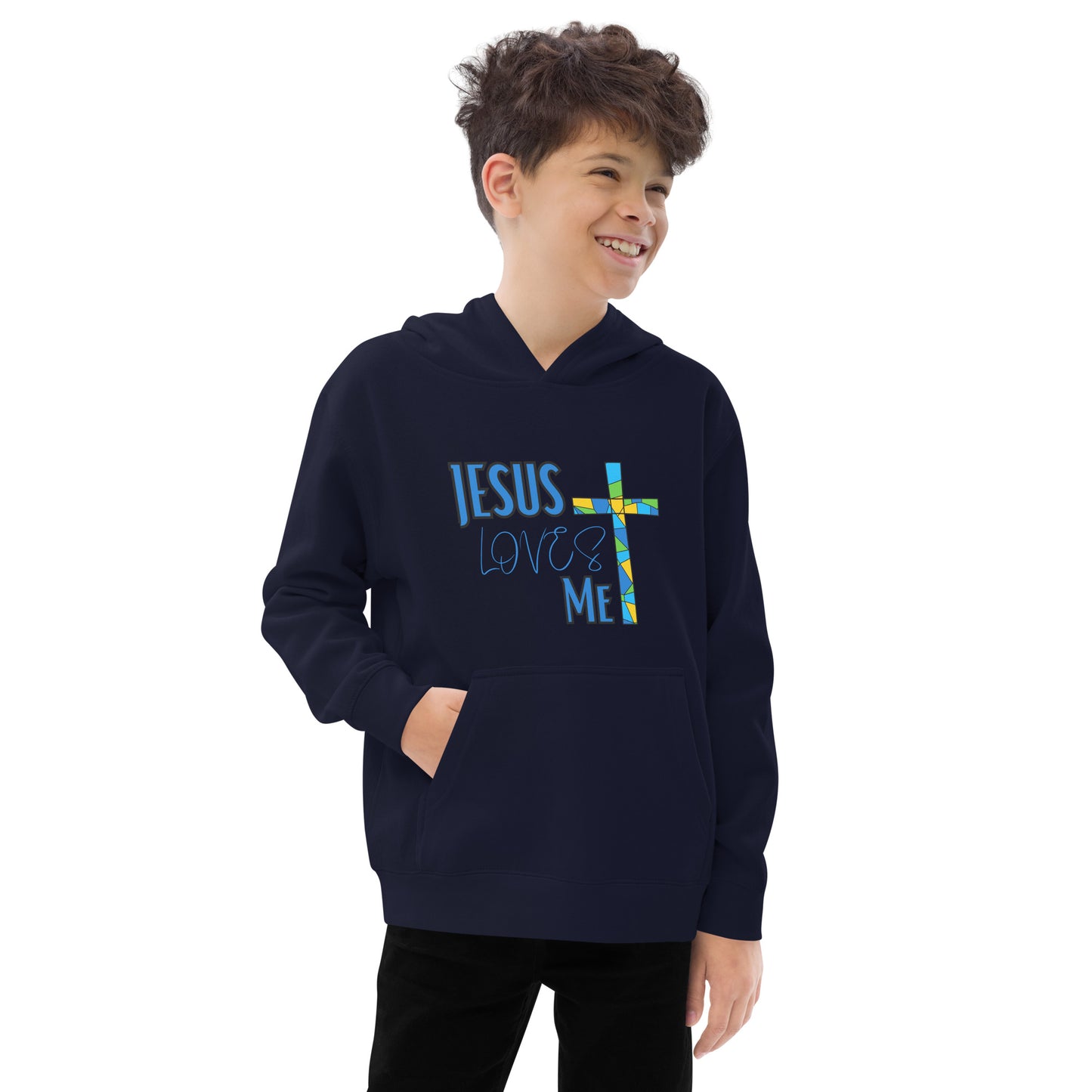 Kids Fleece Hoodie "Jesus Loves Me - Blue"