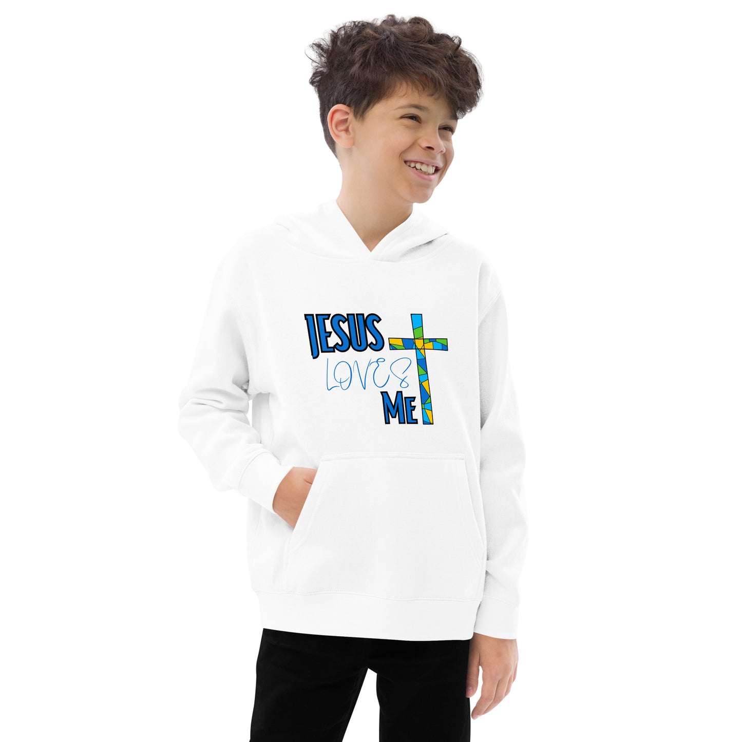 Kids Fleece Hoodie "Jesus Loves Me - Blue"