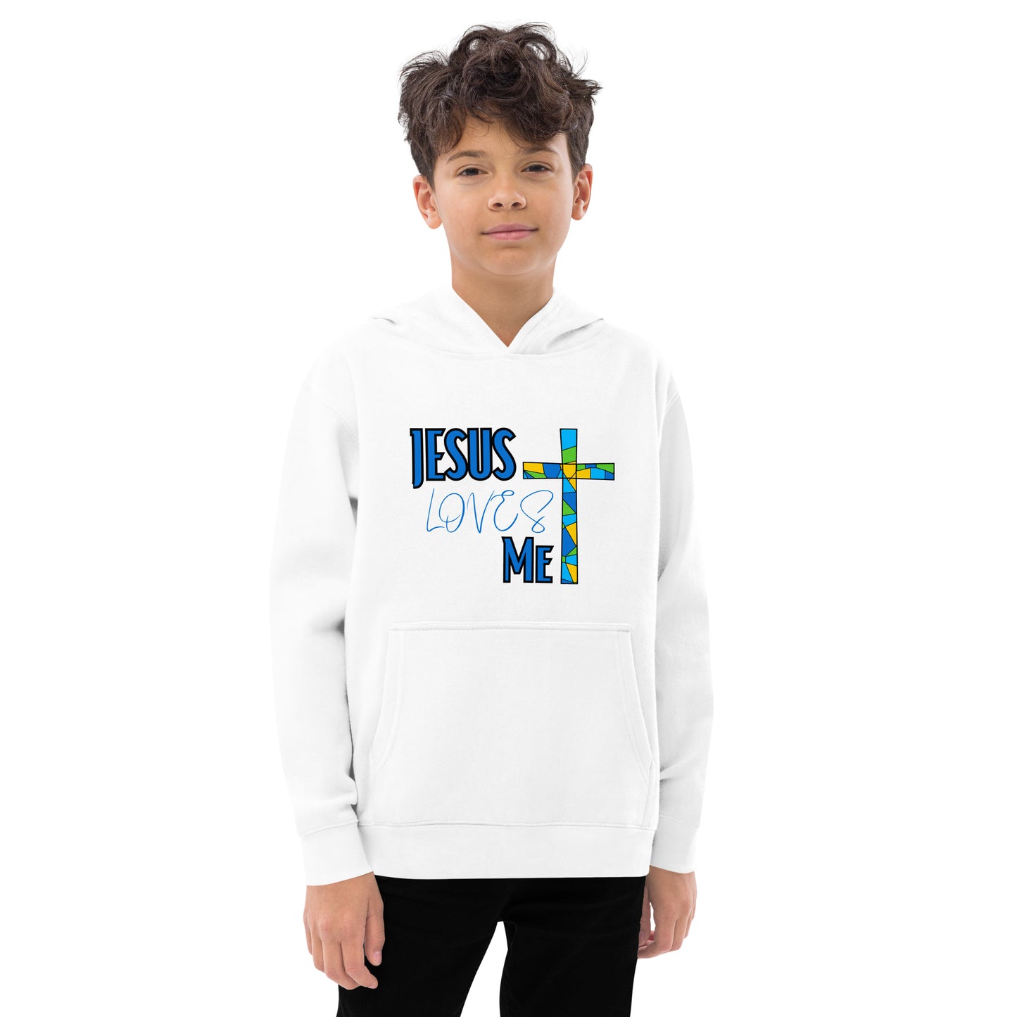 Kids Fleece Hoodie "Jesus Loves Me - Blue"